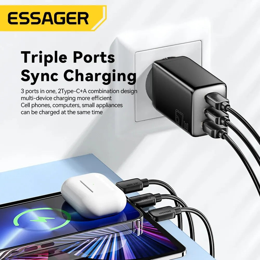 Essager 67W GaN USB Type C Charger For Laptop 45W 25W PD QC 3.0 Fast Charge For Macbook Xiaomi Samsung Iphone14 13 Phone Chagers